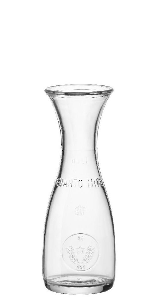 A clear glass carafe is shown against a white background.