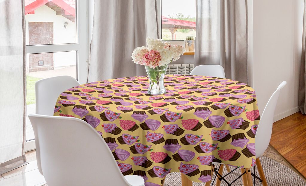 ABAKUHAUS Cupcake Runde Tischdecke, Dessert Theme mit Frosting, Kreis Tischdecke Abdeckung für Esszimmer Küche Dekoration, 150 cm, Fuchsia Gelb B...