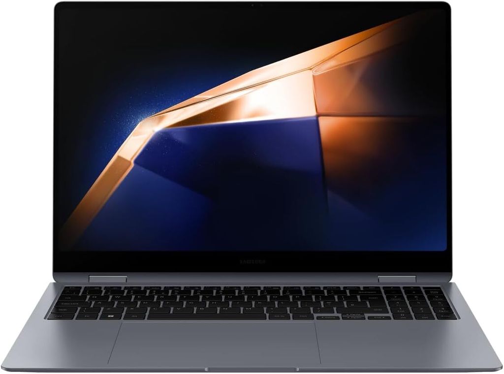 A laptop computer is shown from the front, open with the screen displaying an abstract image.