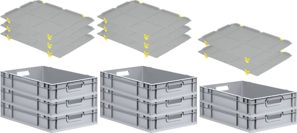 SuperSparSet 8x Eurobox NextGen Grip mit Auflagedeckel inkl. 4 gelben Schiebeschnappverschlüssen | HxBxT 12x40x60cm | 23 Liter | Griffe offen | Gl...