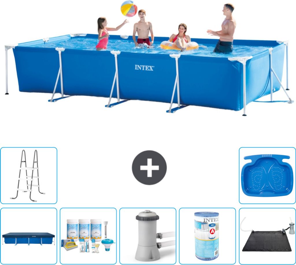 Intex-Schwimmbecken mit rechteckigem Rahmen – 450 x 220 x 84 cm – Blau – im Lieferumfang enthalten Abdeckung - Wartungspaket - Filterpumpe f...