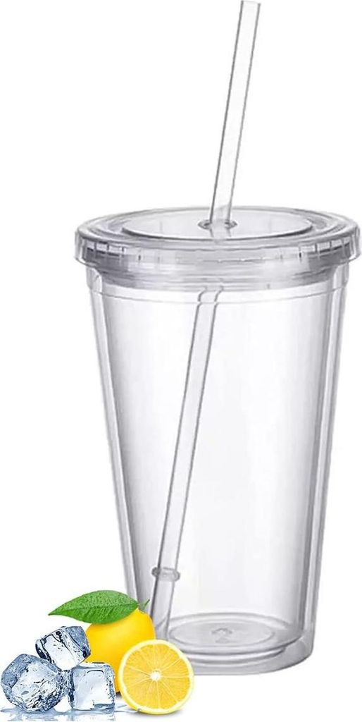 Plastikbecher Mehrweg doppelwandig Tasse Becher Deckel mit Mehrweg Strohhalm Smoothie Saft Kaffee Eiskaffee (Transparent)