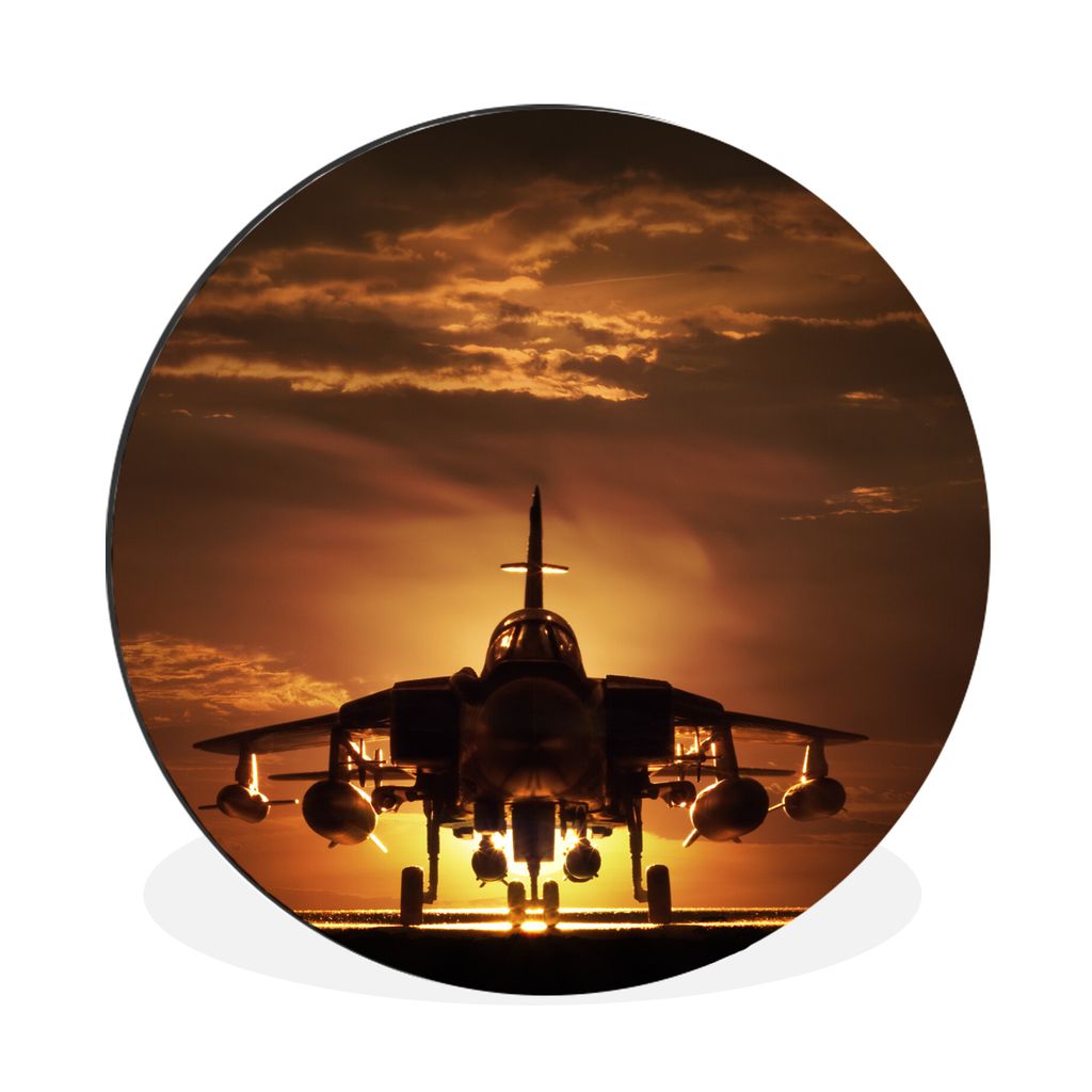 MuchoWow Aluminium Wandkreis Die Silhouette eines Kampfjets bei Sonnenuntergang Ø 90 cm Wanddeko Modern Wohnzimmer - Mauerkreis - Wandbilder - R...
