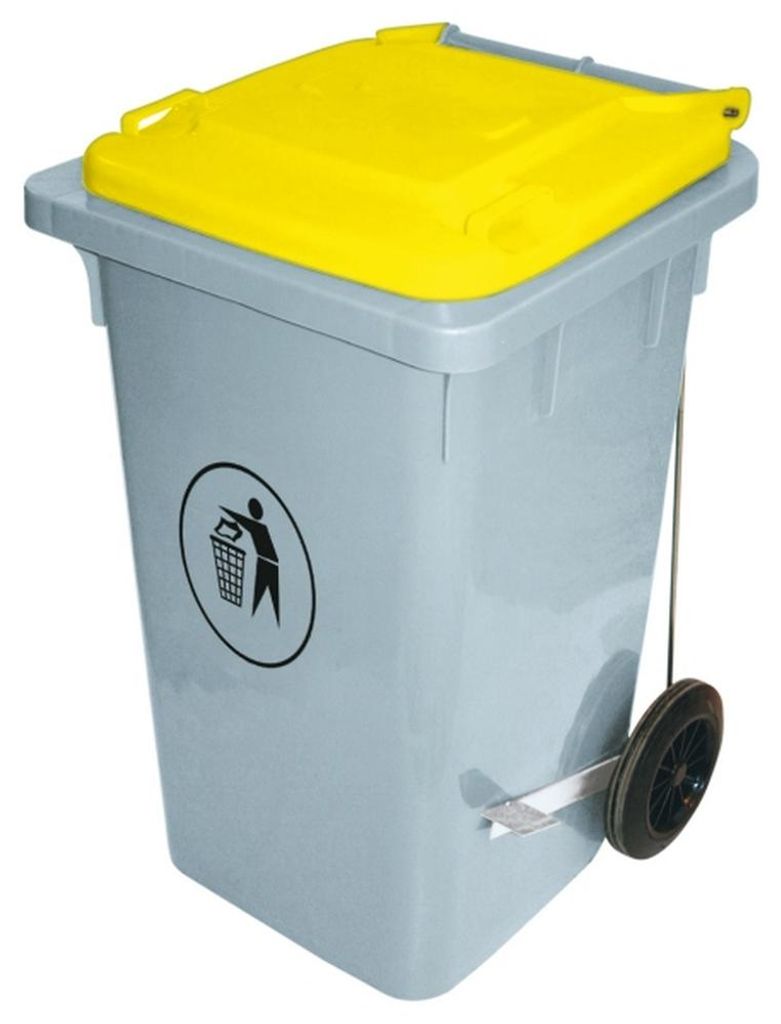 Contacto Abfalleimer aus Kunststoff, 100 Liter, gelber Deckel, seitliches Tretpedal, 52,5 x 80 cm