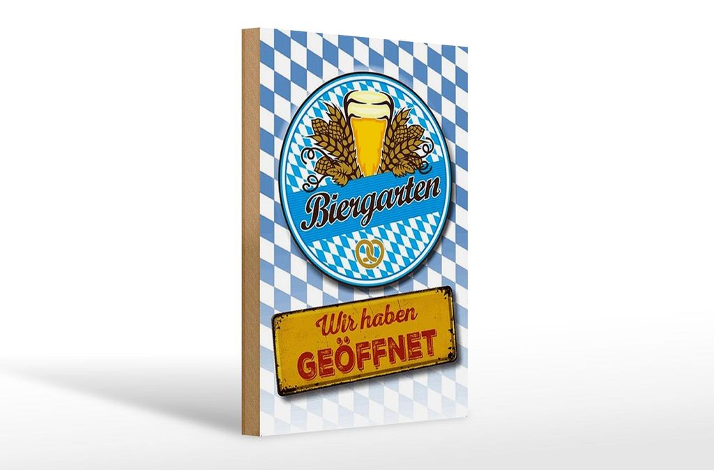 Holzschild Biergarten wir haben geöffnet, 30x20 cm, Holzschilder Spruch Getränke Alkohol Bier Bayern