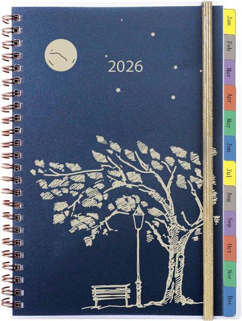 Famanu Agenda 2026 Wochenübersicht A5 - Spiralbindung, monatliche Tabblätter, elastische Verschluss