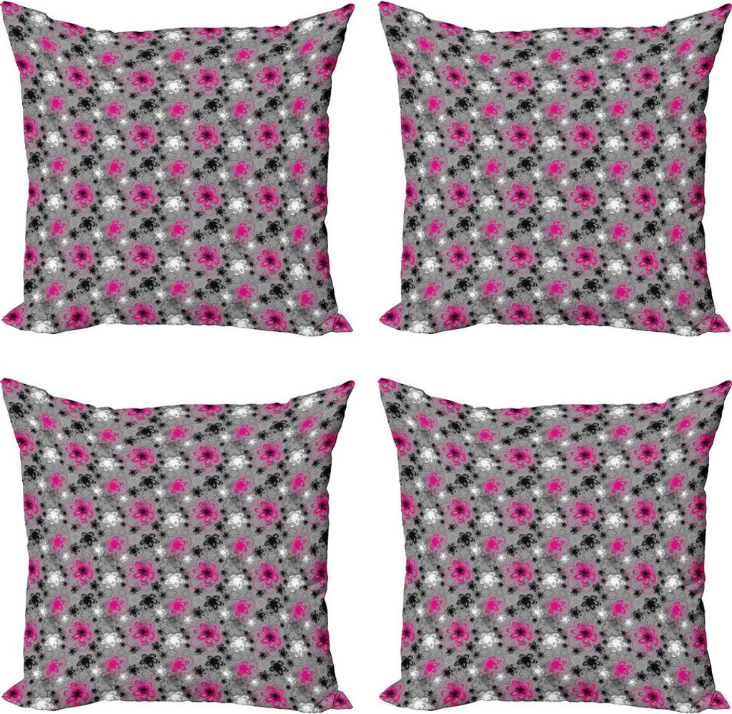 ABAKUHAUS Vintage Blumen Kissenbezug Set (4 Stück), Antike Blüten, Moderner Doppelseitiger Digitaldruck, 40 cm x 40 cm, Pink Schwarz Grau