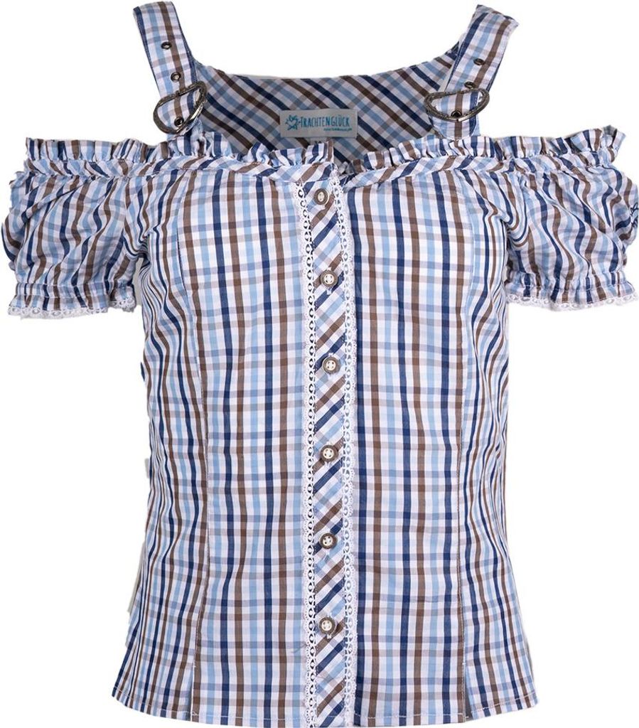 Trachtenbluse Fumio Kurzarm Karo blau 42 Produktbild 