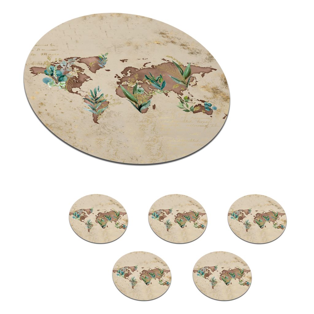 KitchenYeah Glasuntersetzer Rund 6er Set Weltkarte - Braun - Vintage 10x10 cm Untersetzer für Gläser - Getränkeuntersetzer - Tischplattenschu...