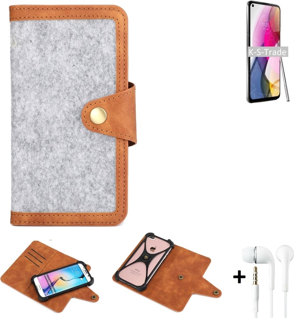 K-S-Trade Handyhülle + Kopfhörer kompatibel mit Motorola Moto G Stylus (2021) Schutzhülle Filz Hülle Kunstleder hellgrau braun (1x)