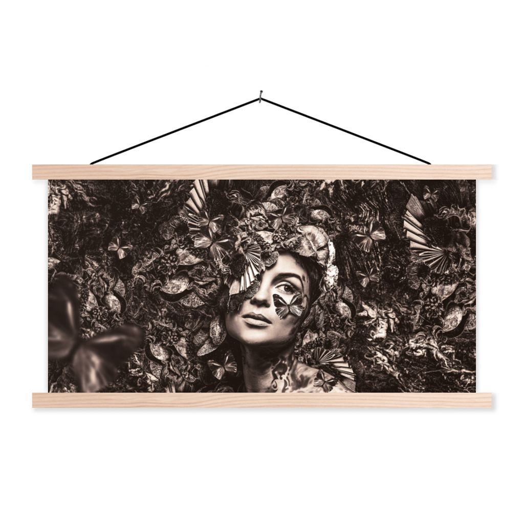 MuchoWow Textilposter Schmetterlinge - Sepia - Frau 120x60 cm mit holzfarbenen Rahmen - Klemmleiste
