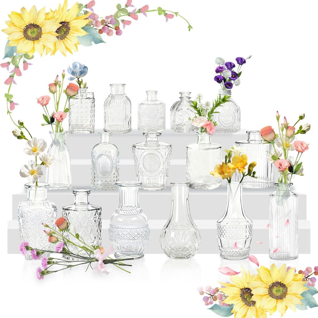 TWOLIIN Kleine Vasen für Tischdeko, Vintage Mini Blumenvasen, Glasvasen für Hochzeit, Babyparty, Wohnungsdeko, Kleine Dekovasen für Blumen Pflan...