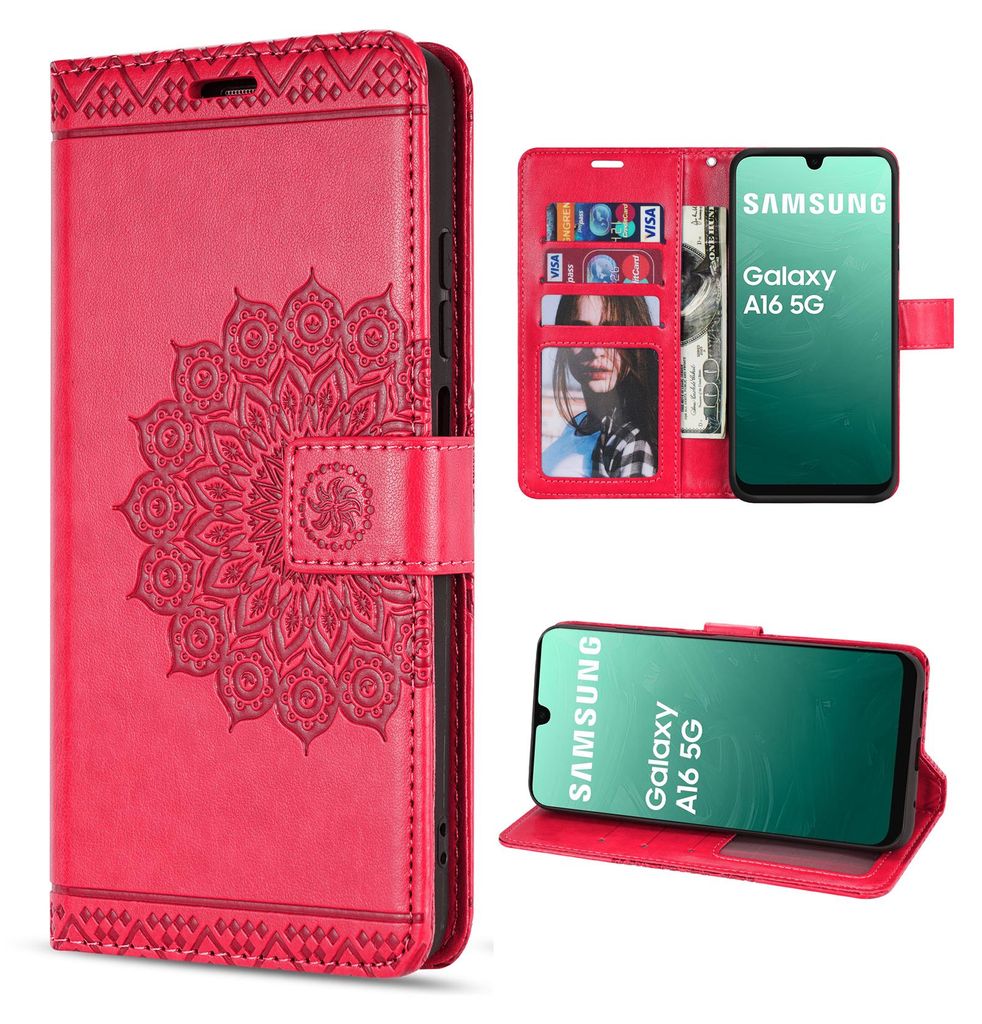 A collage of images showing a red wallet-style phone case with a mandala design, and two images of a Samsung Galaxy A16 5G phone inside the case.