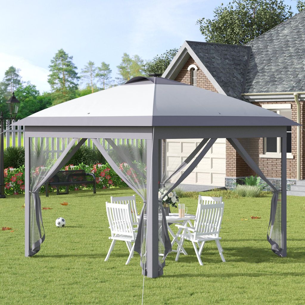Faltpavillon 3,3x3,3m – Pop-Up mit LED USB, Mesh-Seitenwänden & Sonnenschutz, Oxford-Gewebe, ideal für Gartenpartys, Grau