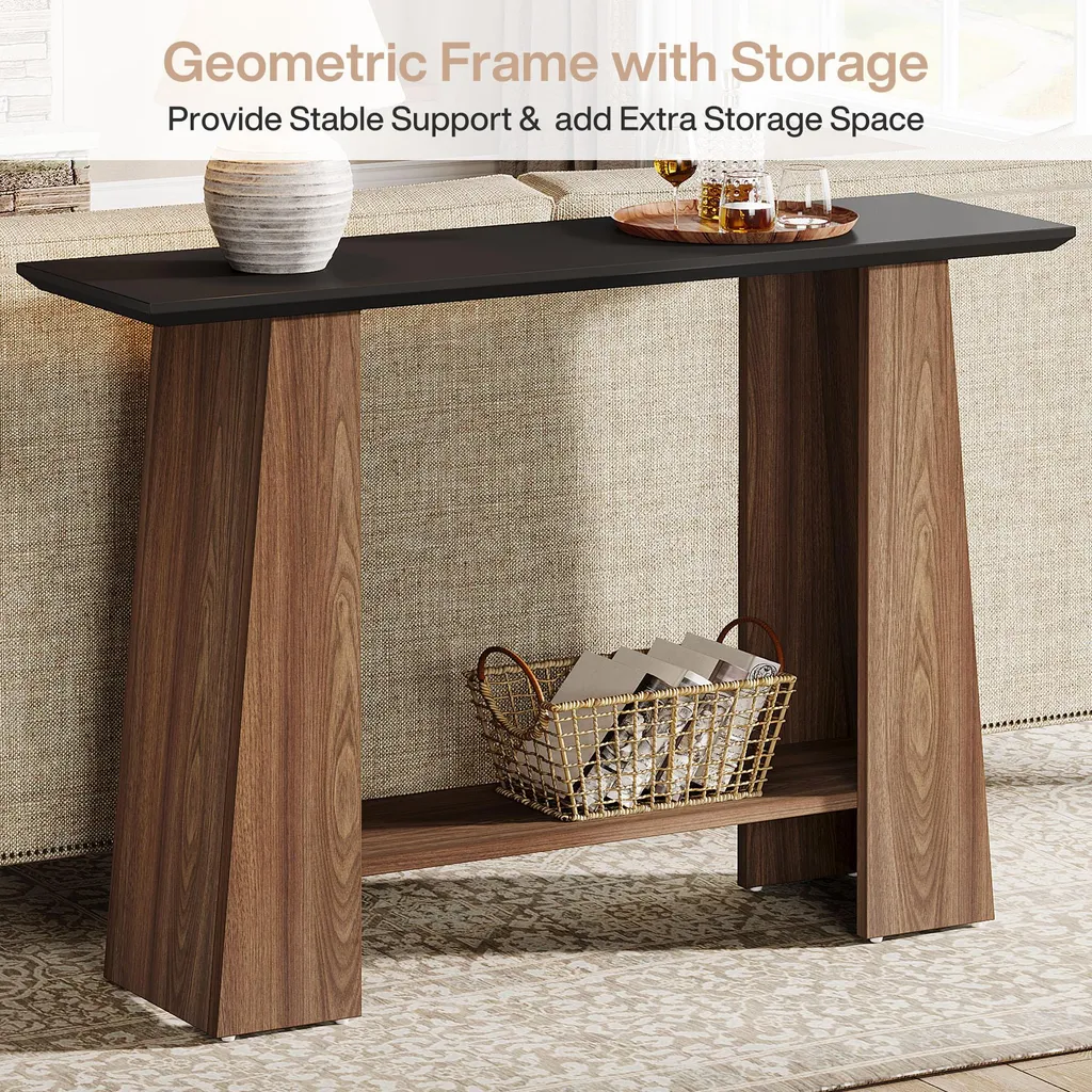 Table console Tribesigns 120cm, console d'entrée bois à deux niveaux - 4