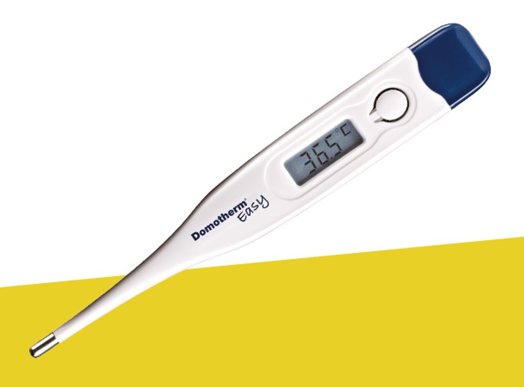 A digital thermometer is shown against a white and yellow background.
