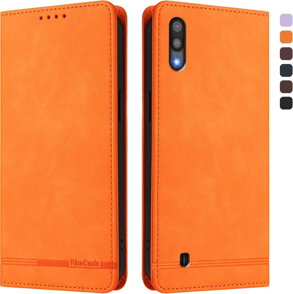Hülle für Samsung Galaxy A10, Retro Kunstleder Ständer Klapphülle mit Kartenfächer und Magnetische Orange