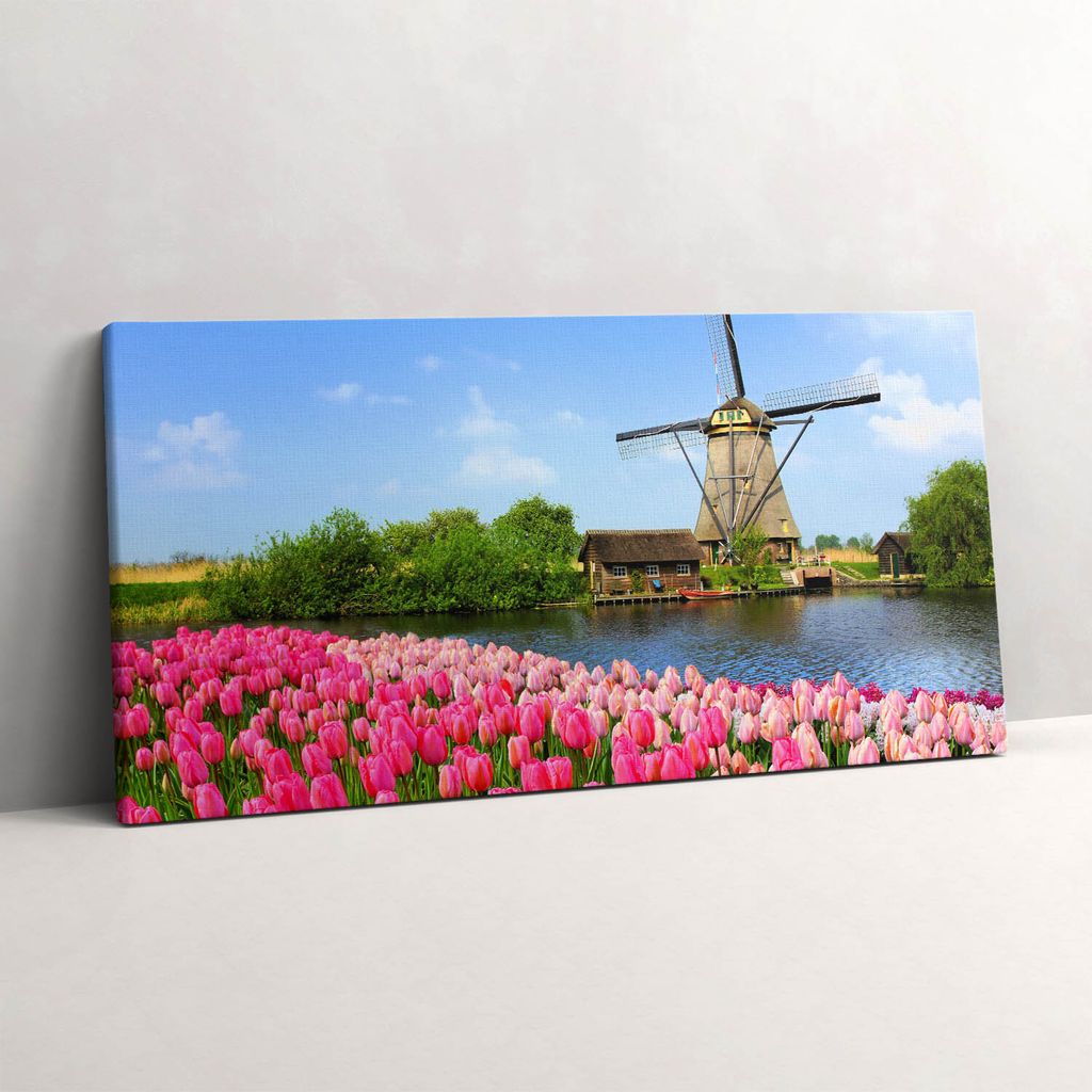 Holländische Windmühle mit Blumen – Leinwandbild Wandbild – 100x50 cm – Leinwandbilder – Wandbilder – Schlafzimmer – Flur