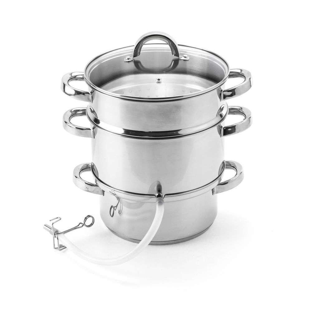 A stainless steel steamer with three tiers and a glass lid, shown against a white background. A clear tube extends from the bottom tier.
