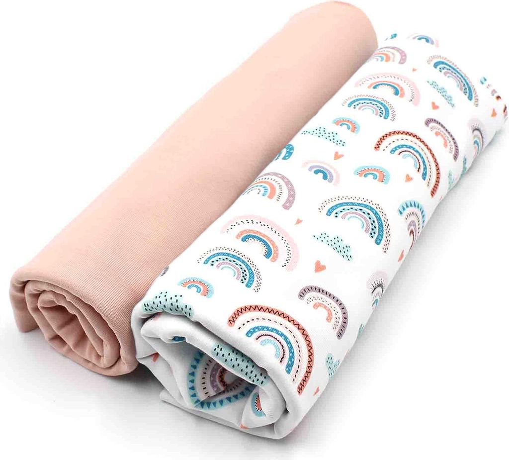 Jerseystoff 2er Set 0,5m Design + 0,5m UNI Jersey Kinderkleidung nähen DIY Projekt Set14 Regenbogen Pastell Weiß