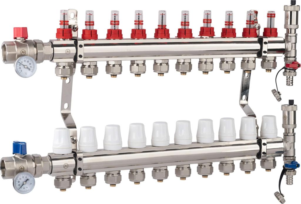 AQUA HEATING Heizkreisverteiler Für Fußbodenheizung 10 Heizkreise 10 Bar Verteiler Set Gerades Ventil PEX Verbinder