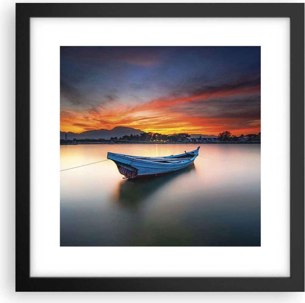 Gerahmtes Poster - Schwarzer Rahmen - Westen Sonne Boot - 30x30 cm - Wand Bild - Wanddeko - Wandbilder - Kunstposter - Wandposter - Bilderrahmen - ...