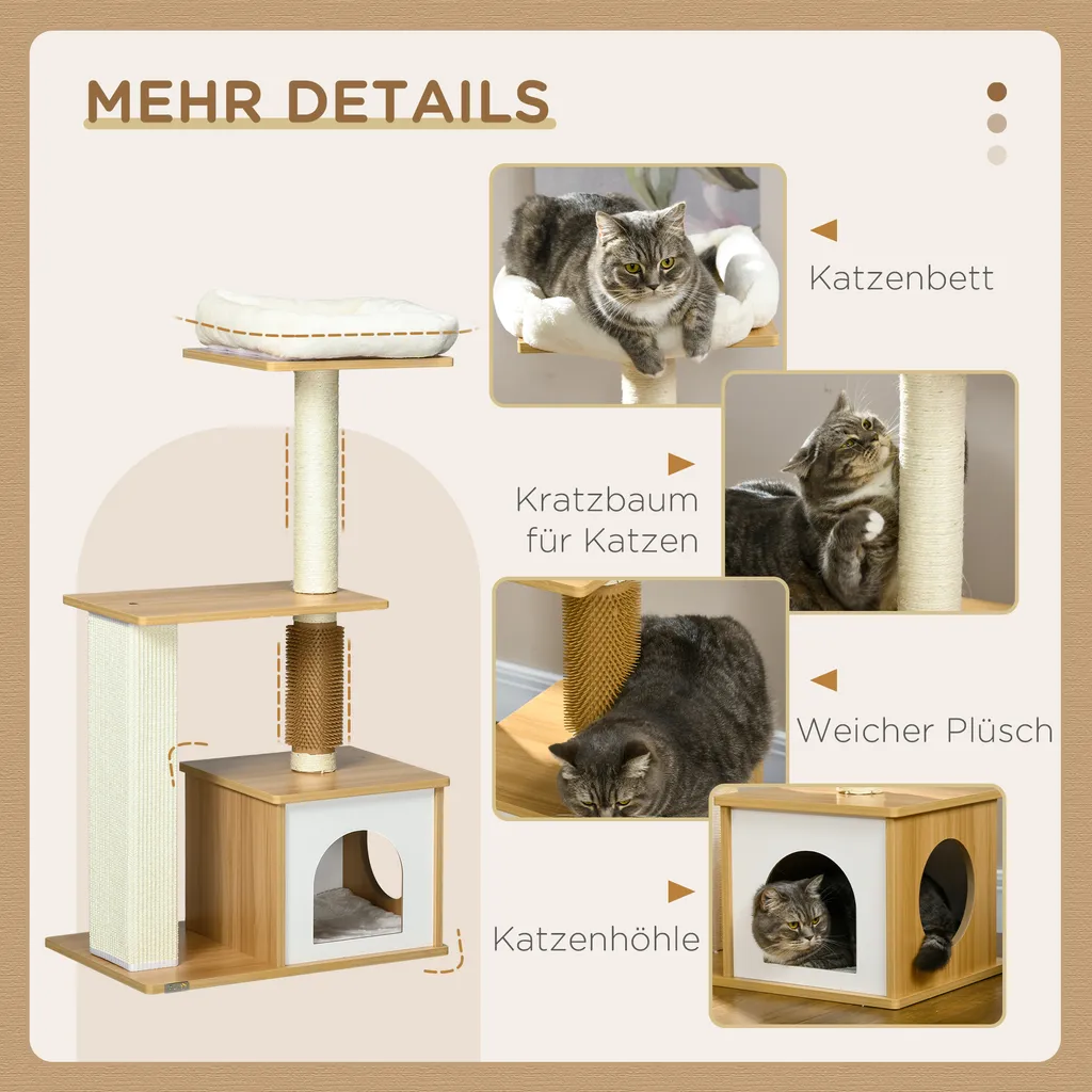 Tiragraffi PawHut, altezza 114 cm, albero per gatti, tiragraffi a più piani con grotta per gatti, letto per gatti, mobili per gatti con colonna per il solletico, albero da arrampicata per gatti fino a 5 kg, quercia - 5