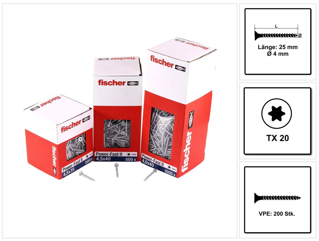 Fischer Spanplattenschrauben Power-Fast II Stahl verzinkt, blau verzinkt, Senkkopf, TX20, Vollgewinde 4,0 x 25 mm 200 Stk.