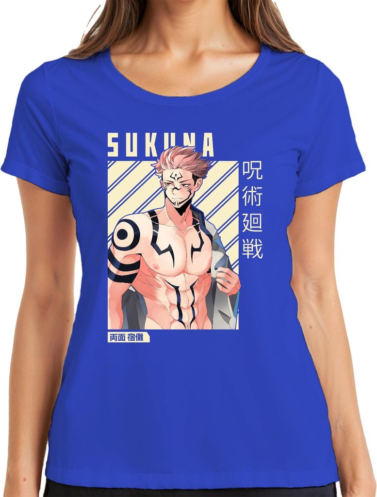 Sukuna Jujutsu Kaisen Fluchkönig Tätowiert Muskel Anime Geschenk Damen T-Shirt, Blau, M