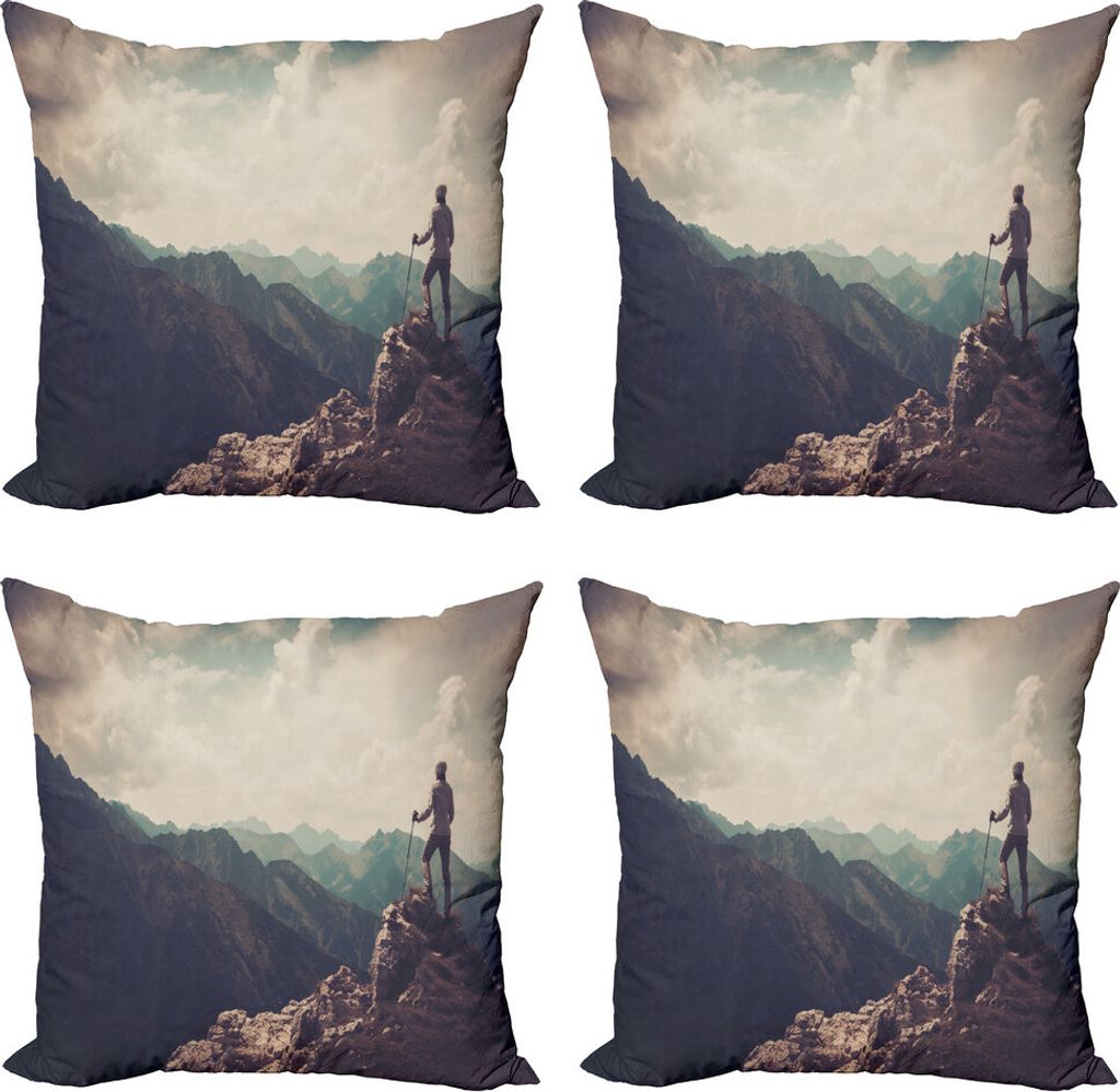 ABAKUHAUS Berg Kissenbezug Set (4 Stück), Frauen-Wanderer auf Top, Moderner Doppelseitiger Digitaldruck, 45 cm x 45 cm, Mehrfarbig