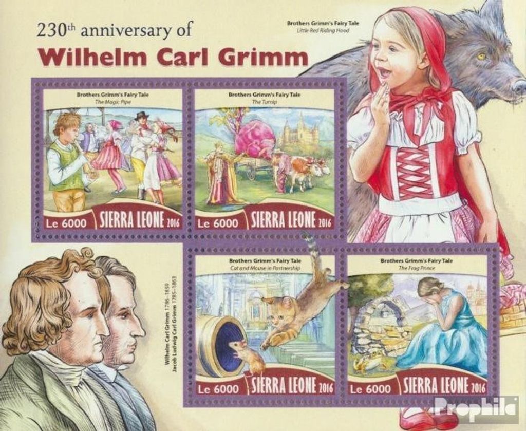 Briefmarken Sierra Leone 2016 Mi 7423-7426 Kleinbogen (kompl. Ausg.) postfrisch Wilhelm Carl Grimm