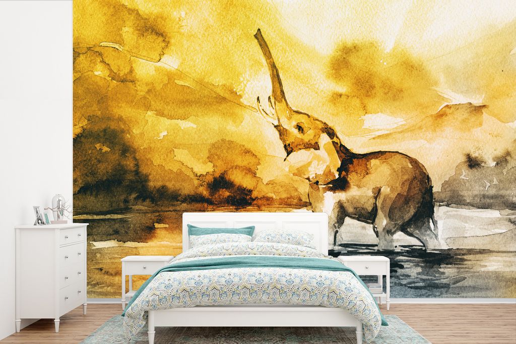 MuchoWow Fototapete für Wohnzimmer oder Schlafzimmer Wandtapete Vinyl Motivtapete Elefant - Aquarellfarbe - Wasser - 360x240 cm - Vinyl-Tapete