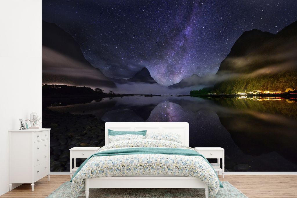 MuchoWow Fototapete für Wohnzimmer oder Schlafzimmer Wandtapete Vinyl Motivtapete Fiordland National Park in Neuseeland bei Nacht - 330x220 cm -...