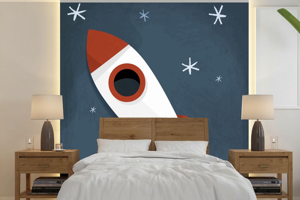 MuchoWow Fototapete für Wohnzimmer oder Schlafzimmer Wandtapete Vinyl Motivtapete Illustration - Rakete - Kinder - 300x300 cm - Wanddekoration