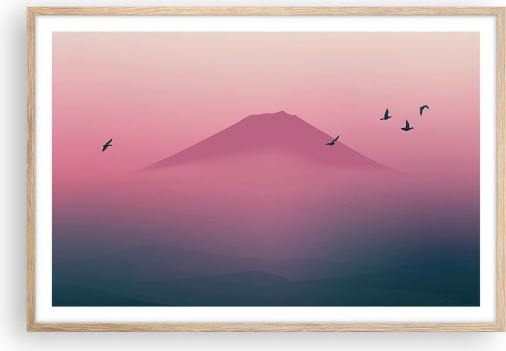 Gerahmtes Poster - Rahmen in heller Eiche - Vulkan Vogel Natur - 91,5x61 cm - Wand Bild - Wanddeko - Wandbilder - Wandposter - Bilderrahmen - Bilde...