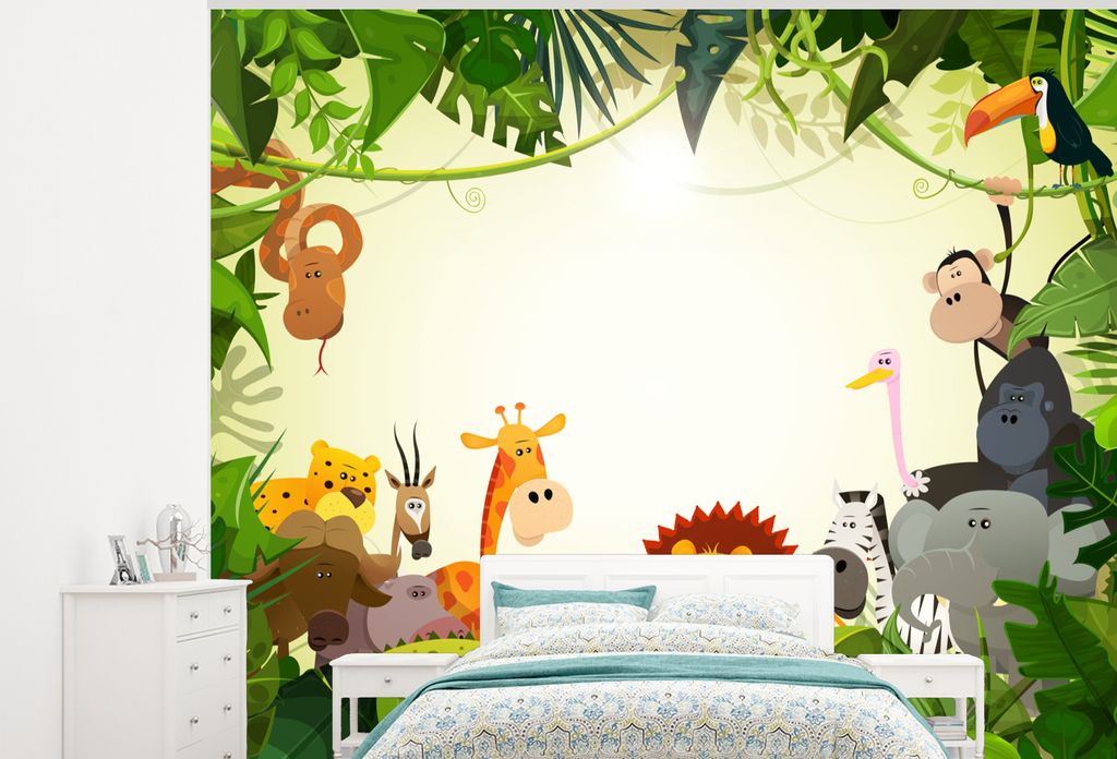 MuchoWow Fototapete für Wohnzimmer oder Schlafzimmer Wandtapete Vinyl Motivtapete Dschungel - Tiere - Schlange - Elefant - Jungen - Mädchen - K...