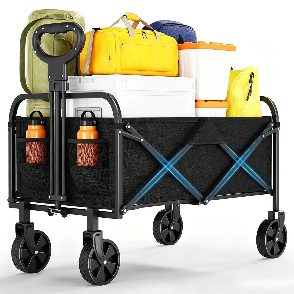 Campingwagen - Faltbarer Bollerwagen - 220 l Volumen - Schwerlast Handwagen mit Rädern - Verstellbarer Griff - Getränkehalter - Schwarz
