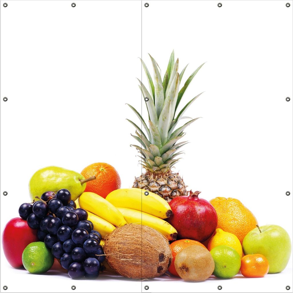 Wallario Outdoor-Poster für Garten oder Balkon, Motiv Gemischtes Obst aus aller Welt - Exotische Obstsammlung, in ca. 180 x 180 cm