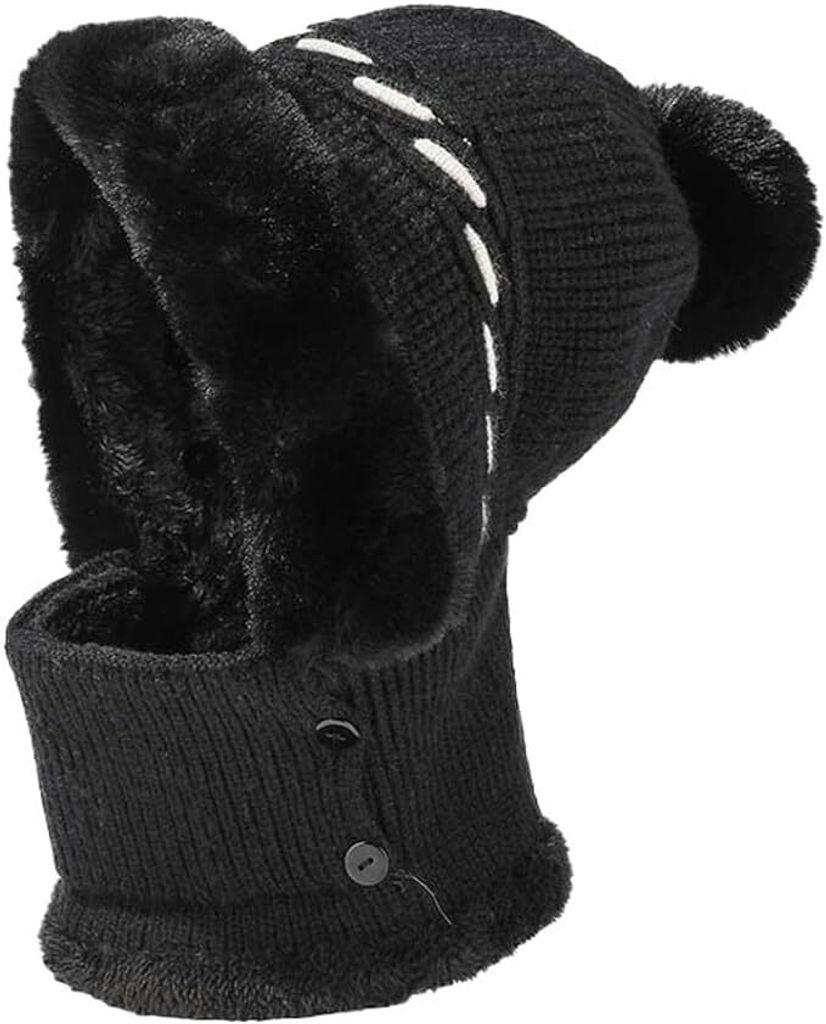 Beanies für Damen, Plüsch-Strick-Sturmhaube, winddicht, warmer Schal mit Bommel(Schwarz)