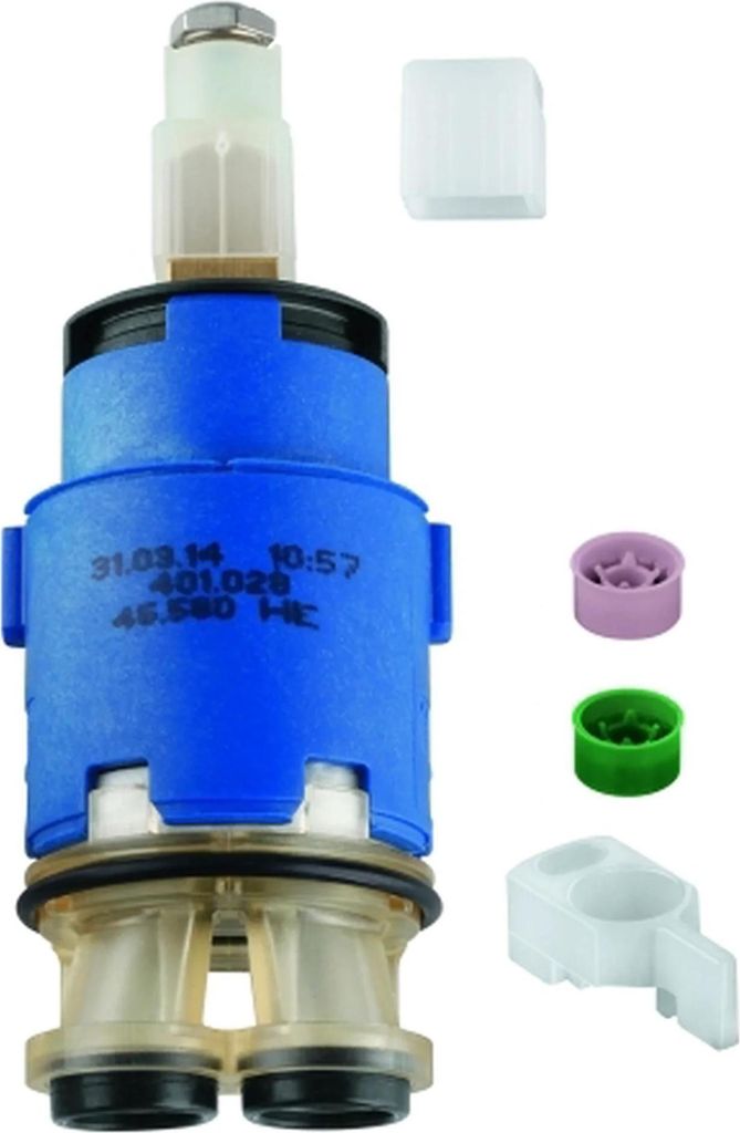 A ceramic cartridge for a faucet, with several small accessory parts.