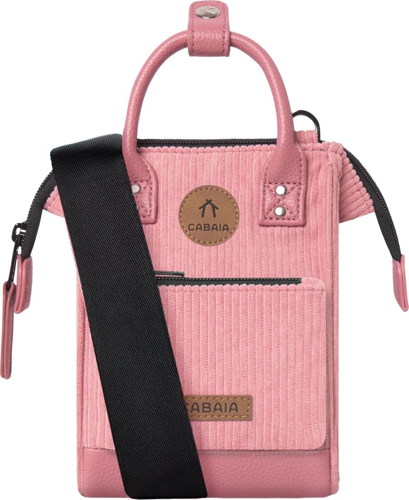 A pink Cabaia Nano bag with a black strap is shown against a white background.