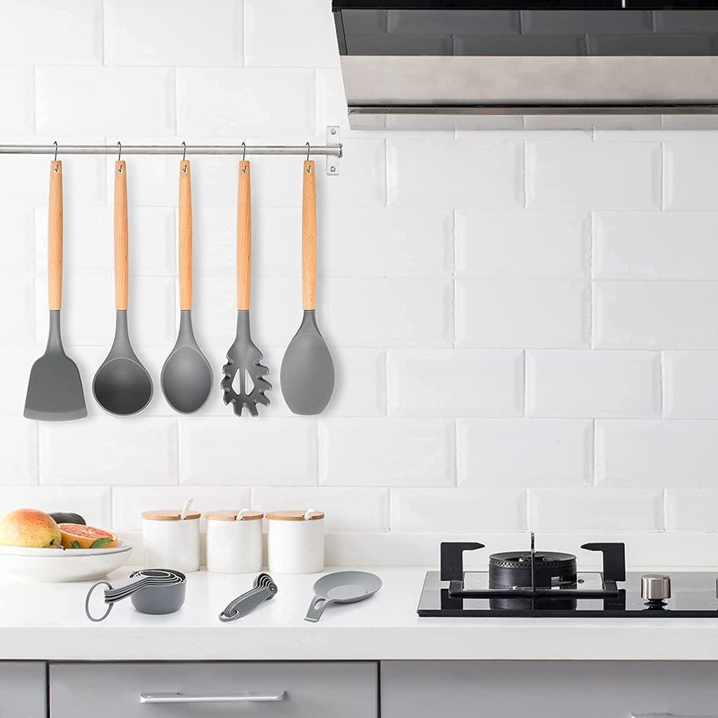 Siliconen Küchen Kochgeschirr Set - Hitzebeständig und Edelstahl - 34 Teile - Grau