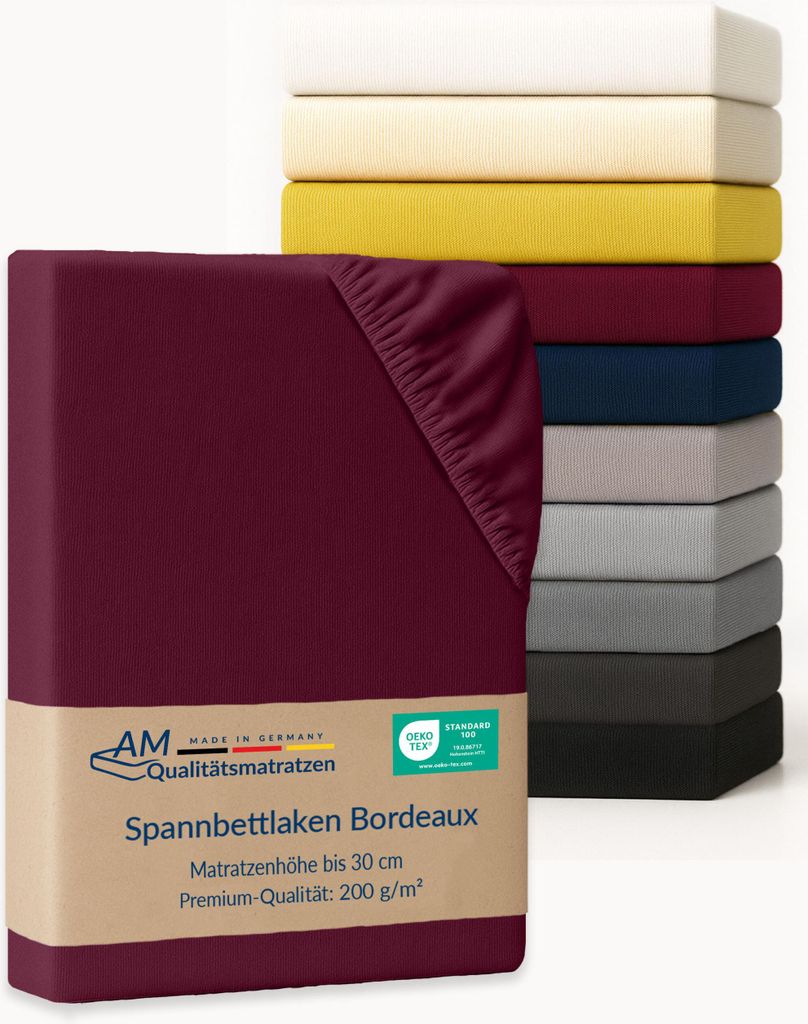 AM Qualitätsmatratzen | Premium Spannbettlaken 135x180 cm | Baumwolle (200gsm) in Bordeaux | Germany | es Bettlaken | Jersey Spannbetttuch | Fit...