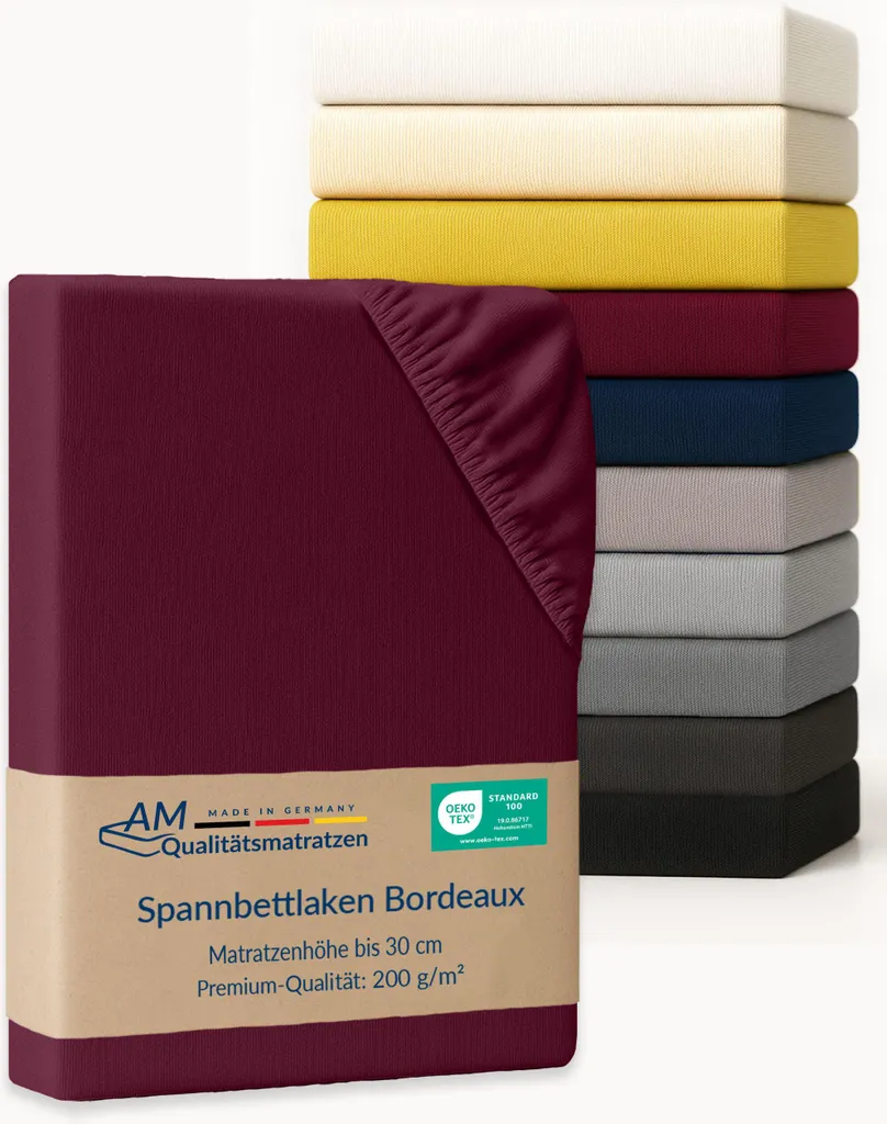 AM Qualitätsmatratzen | Lenzuolo matrimoniale Premium 160x200 cm | Cotone (200 g/m²) in Bordeaux | Germany | Lenzuolo OEKO TEX | Lenzuolo matrimoniale in Jersey | Lenzuola a pieghe | Cotone |160 x 200 cm