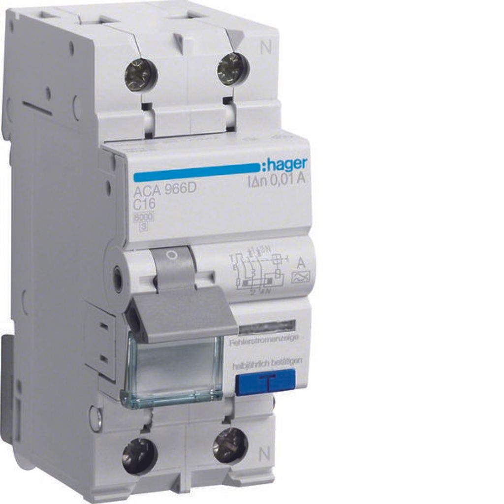 HAGER RCBO Fehlerstrom-/Leitungsschutzschalter 1P+N 6kA C16A 10mA Typ A ACA966D
