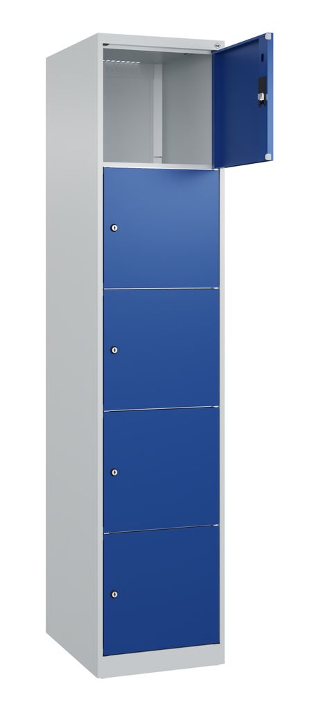Fächerschrank, BxTxH 400x500x1850 mm, 1x5 Fächer, Abt.B 400 mm, bodenstehend, Schloss, glatte Türen, RAL 7035/5010