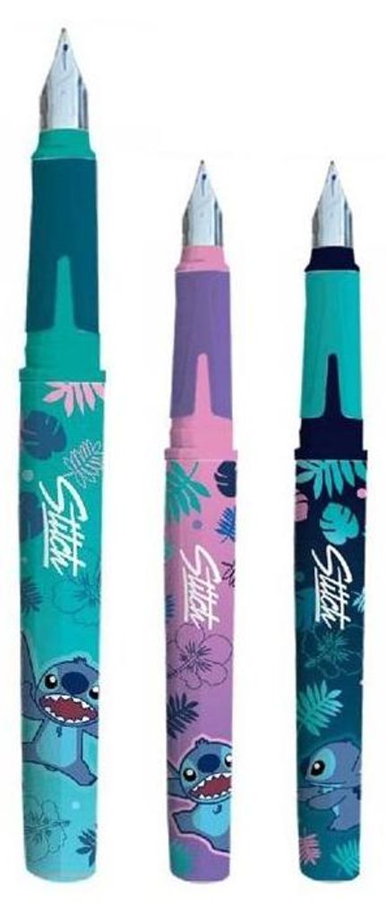 Three fountain pens with Stitch characters and tropical leaf designs.