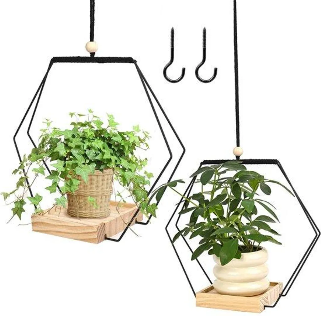 Jardinière Suspendue Intérieure Noire avec Support Bois - Lot de 2 Pots
