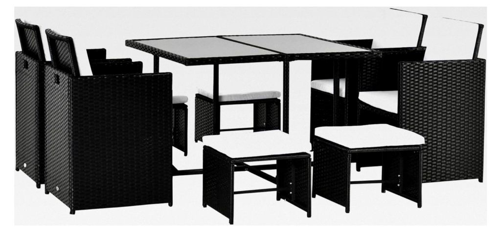 9-teiliges Polyrattan Gartenmöbelset Sitzgruppe Garnitur Essgruppe inkl. Kissen Schwarz 109 x 109 x 72 cm