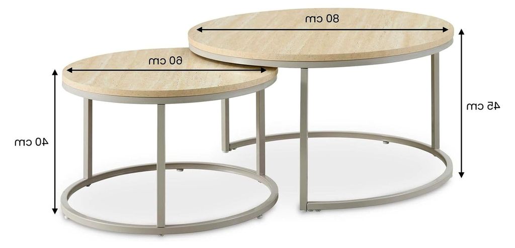 Couchtischset 2er Set rund, Cappuccino - Wohnzimmertische mit Travertin-Nachbildung, ineinanderschiebbare Beistelltische, robustes Metallgestell, p...